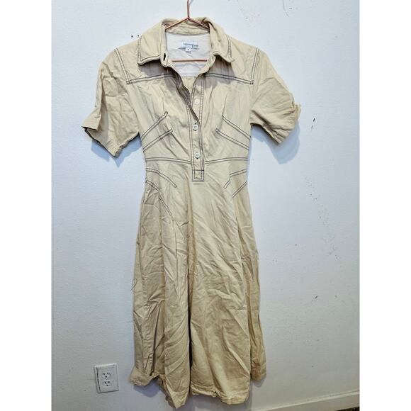 ROSETTA GETTY x RTR Beige Twill Collared Short Sleeve Bone Stitching Dress 0 - Picture 3 of 14